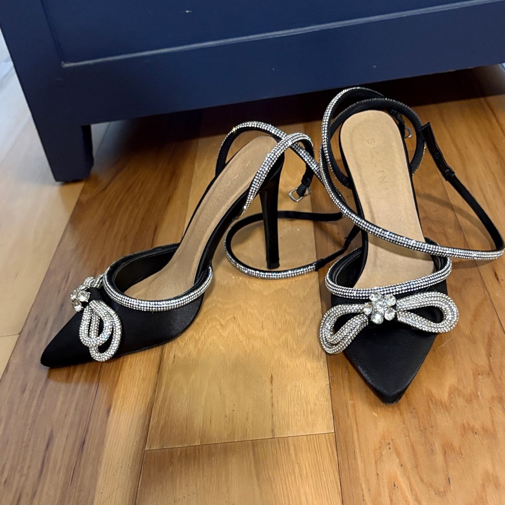 Billini Elope Black Satin Heels with Rhinestone Bow